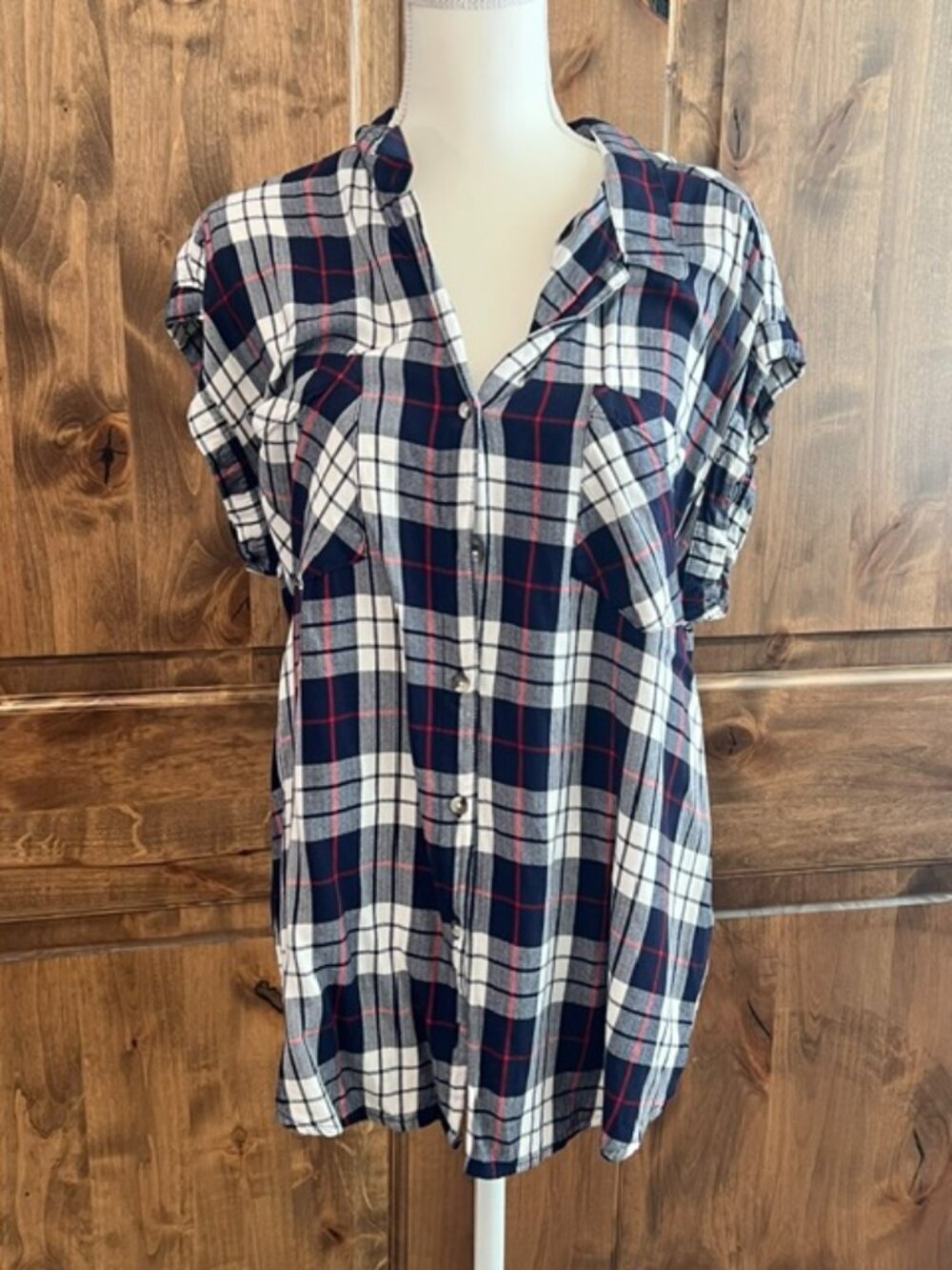 Short Sleeve Plaid Button-Down Top